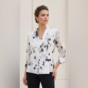 Alex Evenings Sheer (Fully Lined) Floral Evening Blazer White & Black Size XL